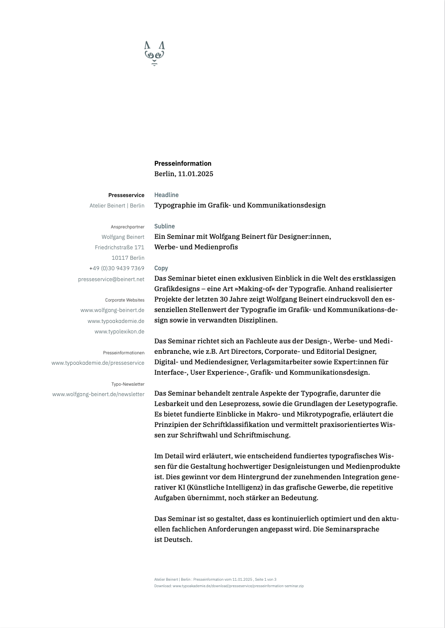 Atelier Beinert | Berlin : Presseinformation